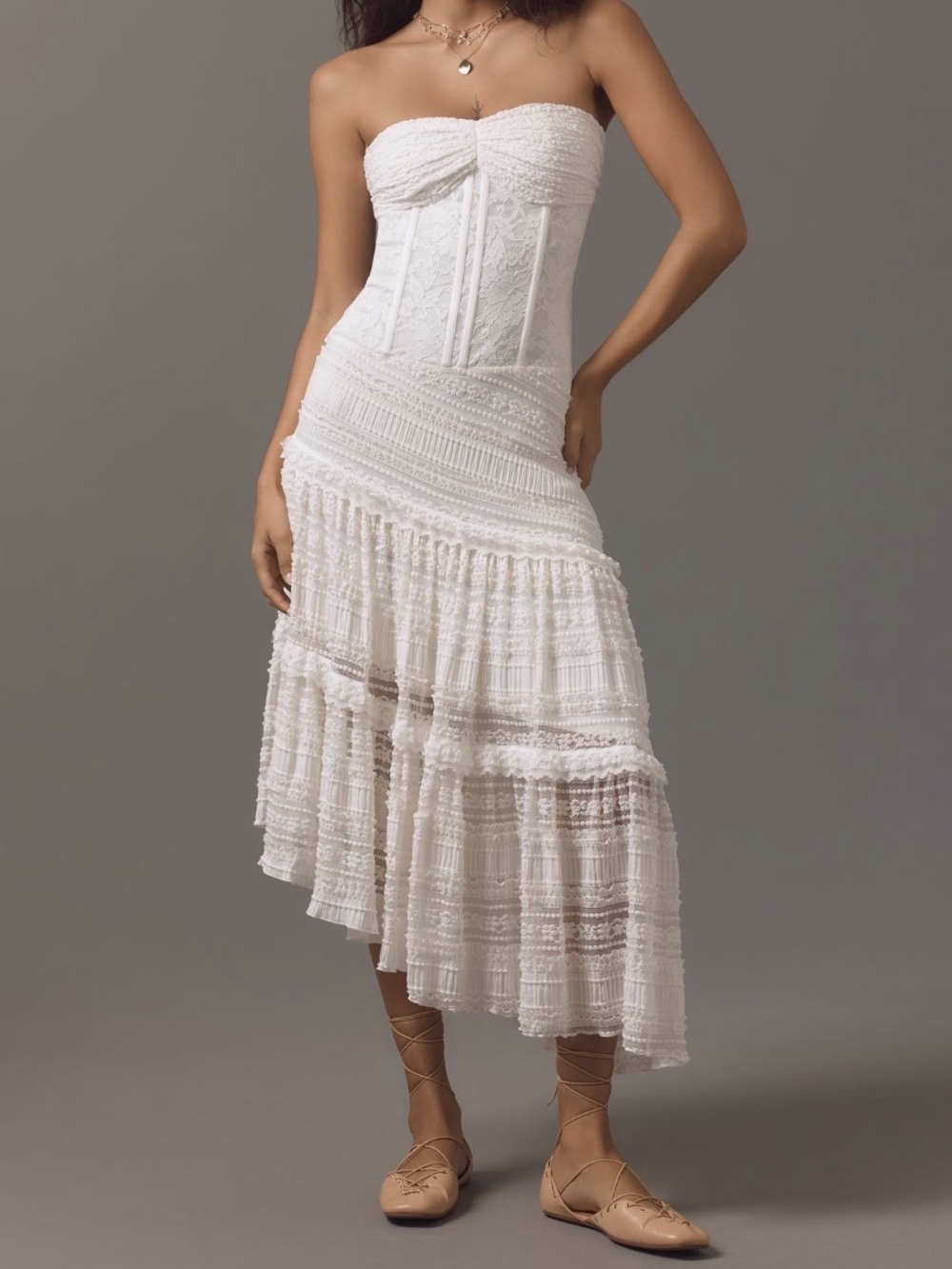 Mare Mare White Strapless Boho Eyelet Midi Dress